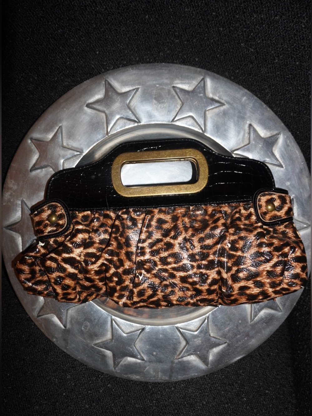 Leopard Print Handheld Clutch with Black & Gold Accent